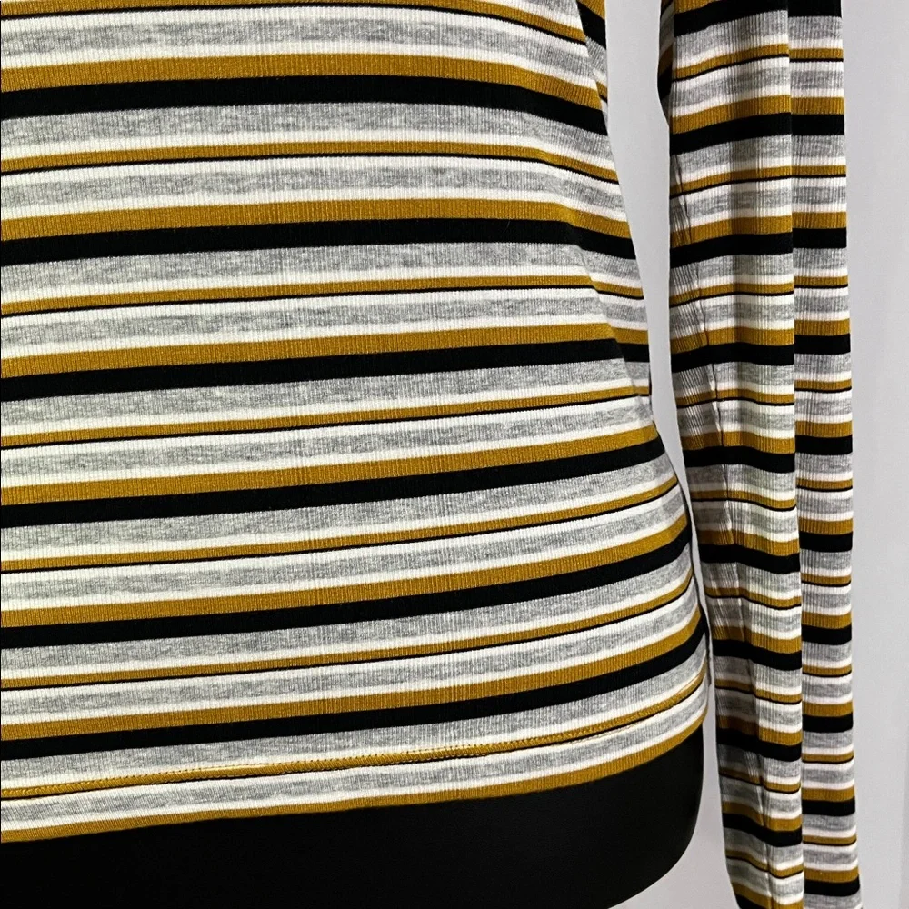 NWT LOFT Mustard Yellow Black & Gray Striped Long Sleeve Round Neck Top